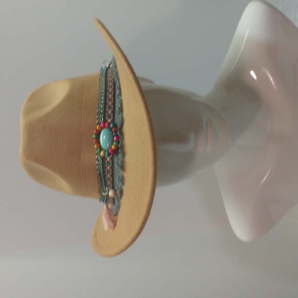Unisex Western Southern Tan Cowboy Hat Turquoise Tassels Pendants Fringe Accent - Picture 5 of 13